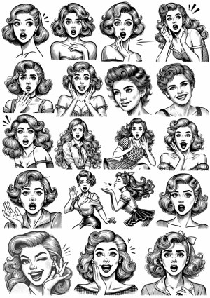 Vintage Style Black and White Women's Facial Expressions Vector Set Free Vector