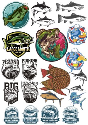 Assorted Fishing and Big Game Fish Vector Illustrations and Logos Free Vector