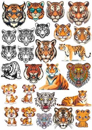 Collection of Diverse Cartoon and Realistic Tiger Illustrations Free Vector