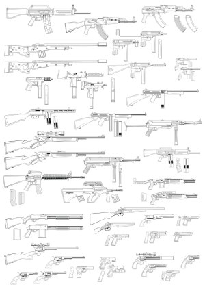 Black and White Line Art Vector Collection of Various Firearms and Guns Free Vector
