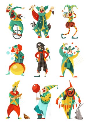 Set of Nine Colorful Circus Clown Characters in Various Poses Free Vector