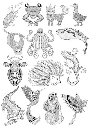Intricate Black and White Animal Illustrations Coloring Page Free Vector