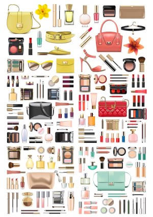 Collection of Women’s Handbags, Shoes, and Makeup Accessories Free Vector