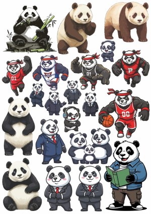 Collection of Cartoon Panda Characters in Various Poses and Outfits Free Vector