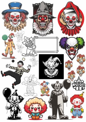 Collection of Colorful and Black-and-White Clown Illustrations and Vectors Free Vector