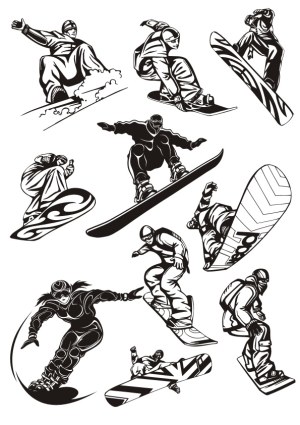 Black and White Snowboarding Action Silhouettes Vector Free Vector