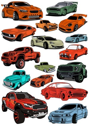 Collection of Sports Cars and Pickup Trucks Vector Illustrations Free Vector