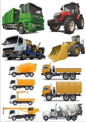 Collection of Construction and Heavy Duty Vehicles Vector Illustrations Free Vector