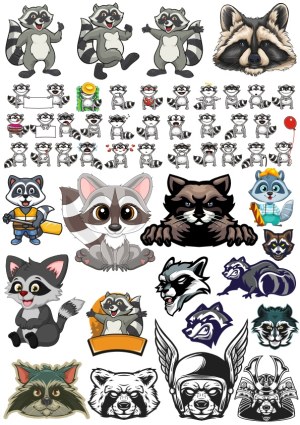 Raccoon Cartoon and Mascot Vector Collection Free Vector