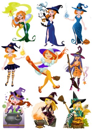 Set of Nine Colorful Cartoon Witches with Magic and Halloween Themes Free Vector