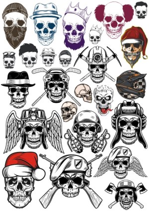 Collection of Skull Illustrations with Various Hats and Accessories Free Vector