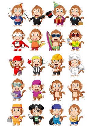 Set of Cartoon Monkey Characters in Various Costumes and Professions Free Vector