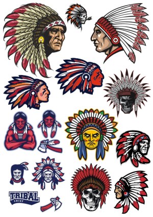 Native American Chief Head Vector Illustrations with Feather Headdresses and Axes Free Vector