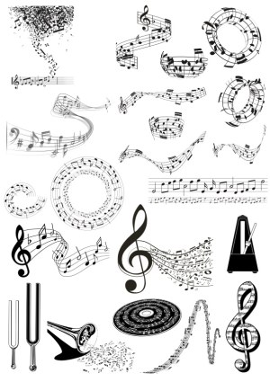 Black and White Musical Notes and Instruments Vector Set Free Vector