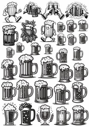 Collection of Vintage Black and White Beer Mug Illustrations Free Vector