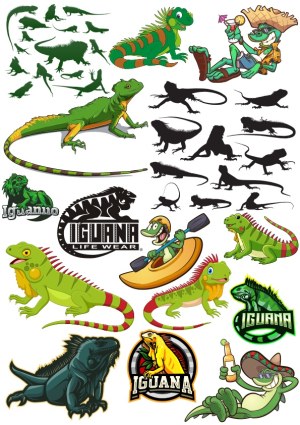 Iguana Vector Collection with Silhouettes and Cartoon Characters Free Vector