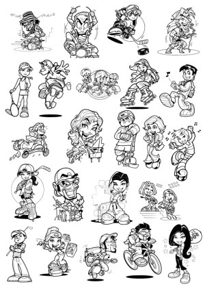 Black and White Cartoon Characters Playing Sports and Music Free Vector