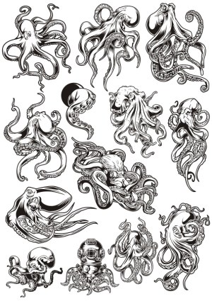Detailed Black and White Octopus and Diving Helmet Vector Illustrations Free Vector
