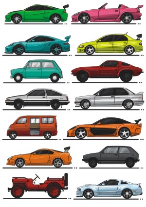 Set of 12 Colorful Cartoon Sport and Classic Cars Side View Free Vector