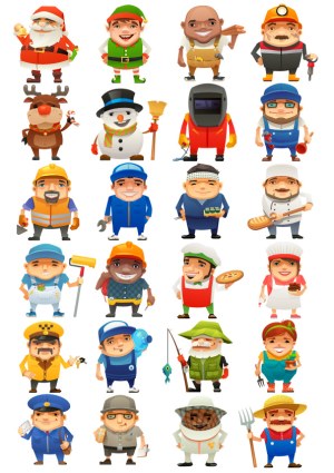 Cartoon Characters in Various Professions and Costumes Free Vector