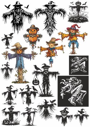 Halloween Scarecrow and Pumpkin Vector Set Free Vector