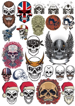 Diverse Skull Illustrations Collection with Unique Themes and Accessories Free Vector