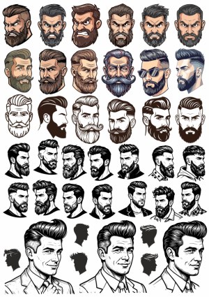 Collection of Men Hairstyles and Beard Styles Vector Illustrations Free Vector