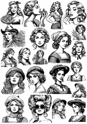 Black and White Vintage and Retro Women Portraits Vector Set Free Vector
