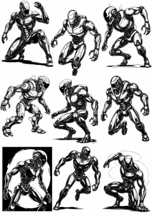 Action Poses of Futuristic Robot Characters in Black and White Vector Free Vector