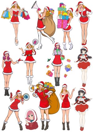 Christmas Women in Santa Outfits with Gifts and Megaphones Vector Set Free Vector