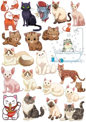 Collection of Various Cartoon and Realistic Cat Illustrations Free Vector