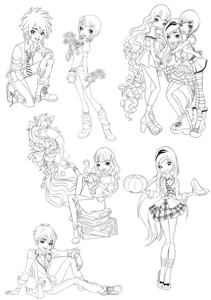 Black and White Anime Style Teen Characters Vector Set Free Vector