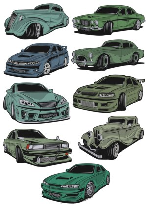 Collection of Vintage and Modern Sports Car Vector Illustrations Free Vector