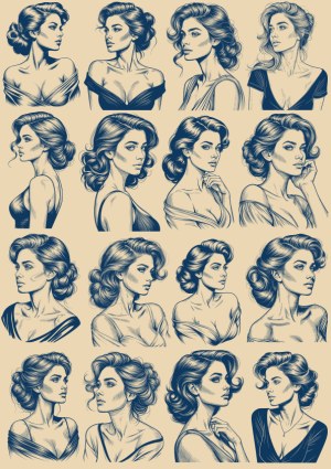 Elegant Vintage Style Female Portrait Illustrations Set Free Vector