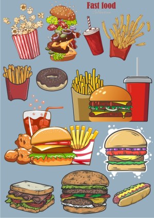 Fast Food Collection with Burgers, Fries, Drinks, and Snacks Free Vector