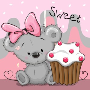 Cute Gray Teddy Bear with Pink Bow and Cupcake Vector Free Vector