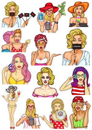 Set of Thirteen Colorful Pop Art Women Illustrations Free Vector