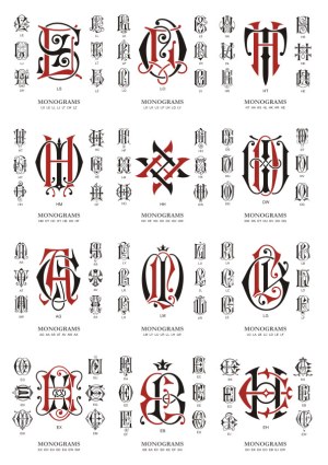 Decorative Ornamental Monogram Vector Set with Black and Red Letters Free Vector