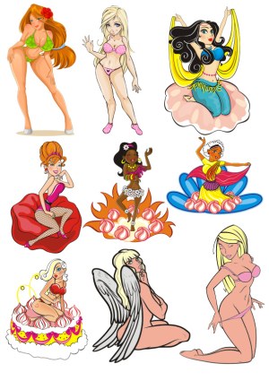 Vector Collection of Cartoon Pin-Up Girls in Various Costumes and Poses Free Vector