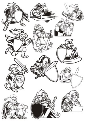 Set of Black and White Medieval Knight Vector Illustrations with Shields and Swords Free Vector