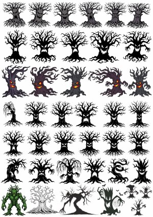 Spooky Halloween Evil Tree Silhouettes and Characters Vector Set Free Vector