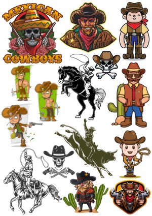 Collection of Cartoon and Stylized Cowboy and Western Vector Illustrations Free Vector