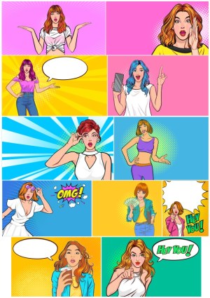 Pop Art Style Women with Expressive Poses and Speech Bubbles Free Vector