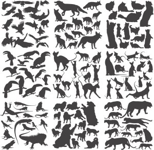 Animal Silhouettes Including Cats, Birds, Dogs, and Lizards Free Vector
