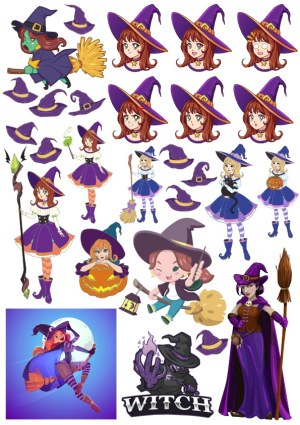 Collection of Cartoon Witch Characters, Expressions, and Halloween Elements Free Vector
