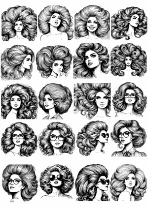 Black and White Vector Portraits of Women with Voluminous Hairstyles and Glasses Free Vector