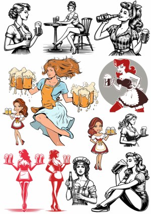 Pin-up Style Women Serving and Drinking Beer Vector Collection Free Vector