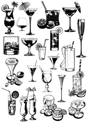 Black and White Vector Illustration of Various Cocktail and Martini Glasses Free Vector