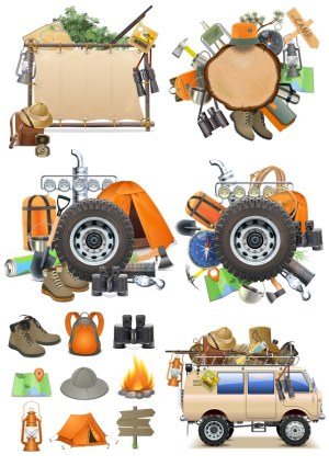 Camping and Safari Adventure Collection with Off-Road Vehicle and Gear Free Vector
