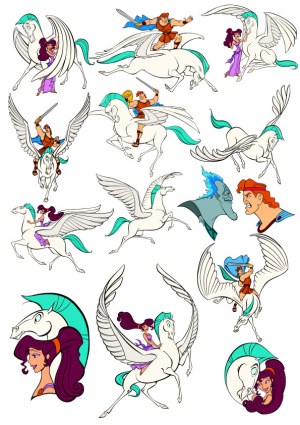 Set of Mythical Pegasus and Heroine Vector Illustrations Free Vector